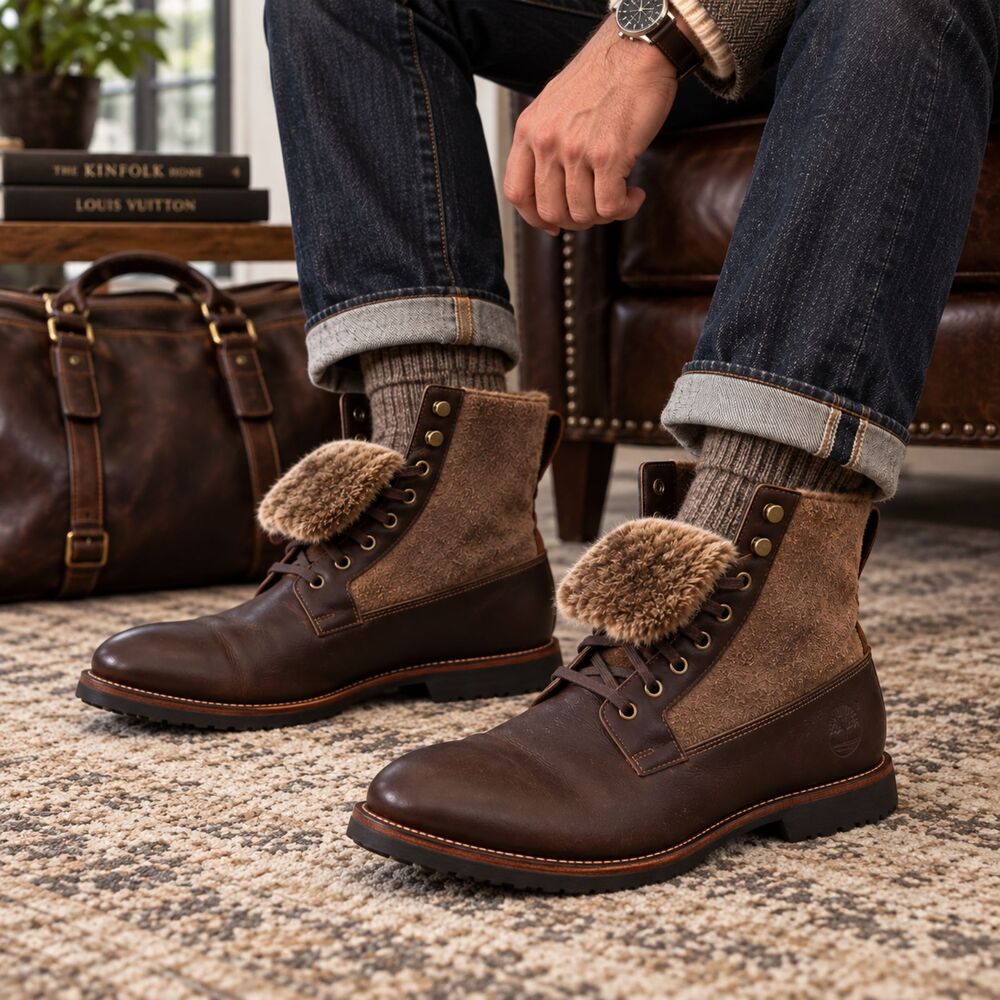 Timberland Kendrick Men's 12M Brown Fur Lined Leather Boots A1R2Z Quiet Luxury